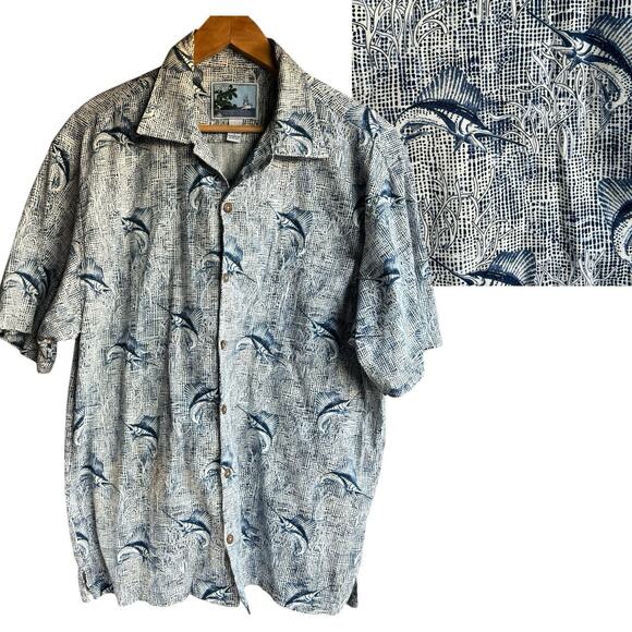 AFCO Bluewater Fishing Fish Swordfish Hawaiian Camp Aloha Shirt Size LARGE - Picture 1 of 6